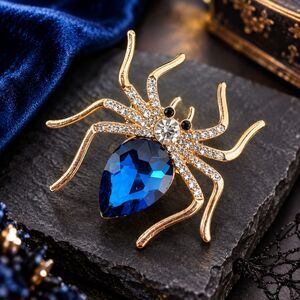 Gold Tone BLUE Rhinestone Spider Brooch